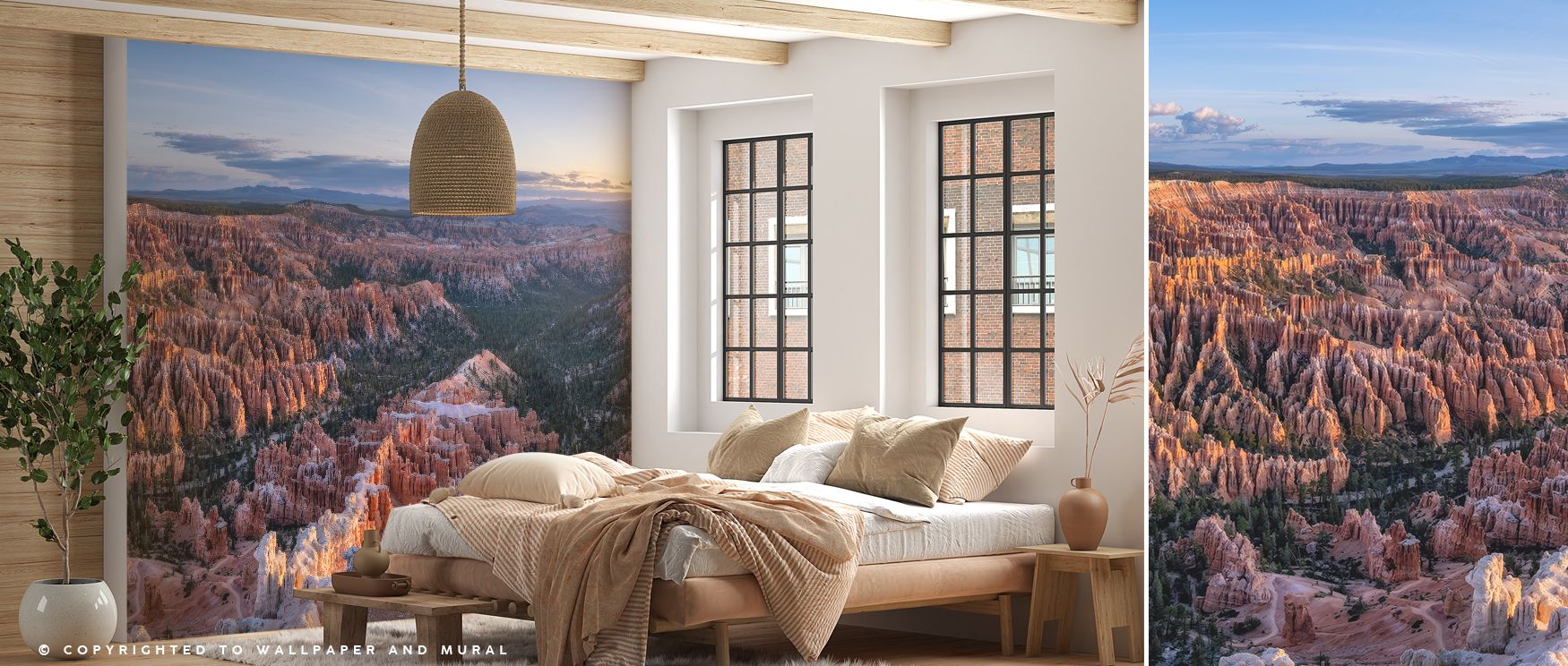 Mural wallpaper design inspired by Bryce sunrise with its warm golden hues glowing against delicate gradients of dawn sky, offering interiors a peaceful escape into nature’s beauty. Perfect for bedrooms, dining areas, or workspaces, it transforms walls in