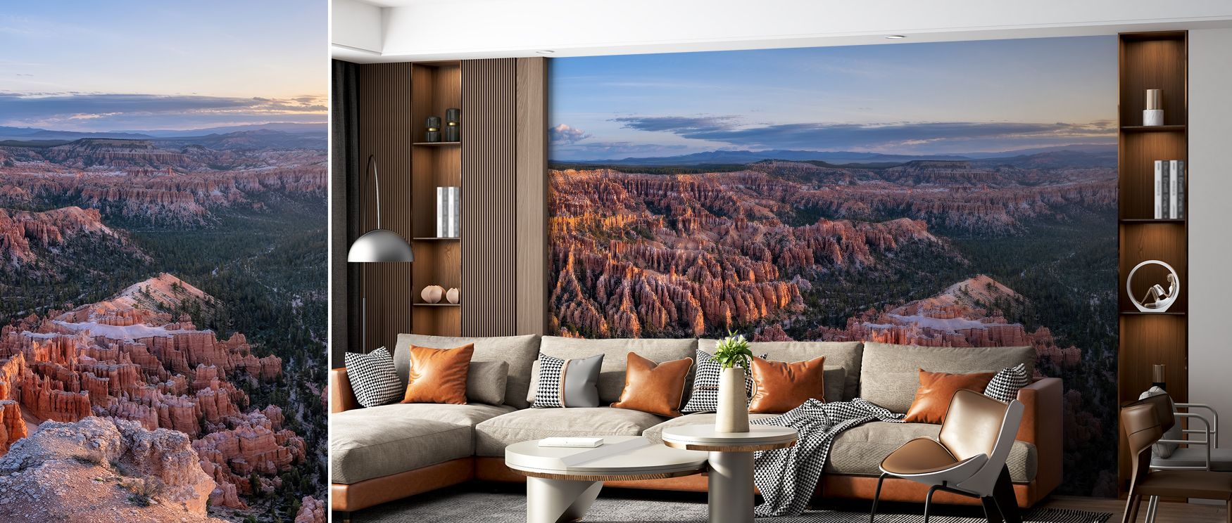 Bryce sunrise mural wallpaper design featuring luminous skies, golden warmth, and soft gradients blending over natural silhouettes, capturing the essence of morning calm. Ideal for stylish bedrooms, lounges, or offices, it enhances interiors with a serene