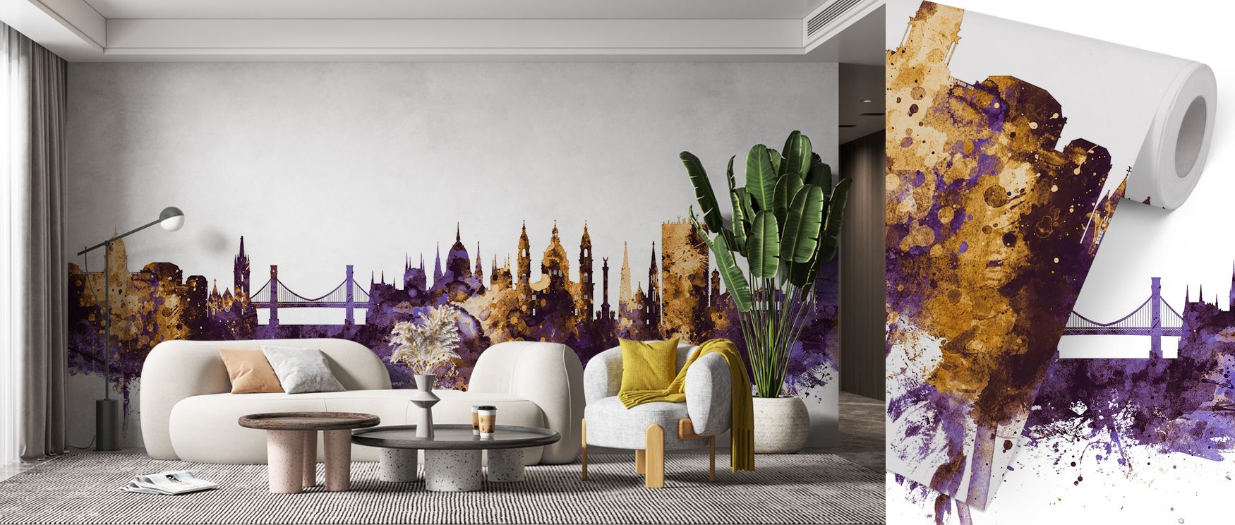 Budapest skyline wall mural design in artistic hues of purple and gold, capturing dramatic architectural silhouettes. Ideal for stylish interiors such as bedrooms, dining areas, or creative studios, it transforms plain walls into luxurious city-inspired s