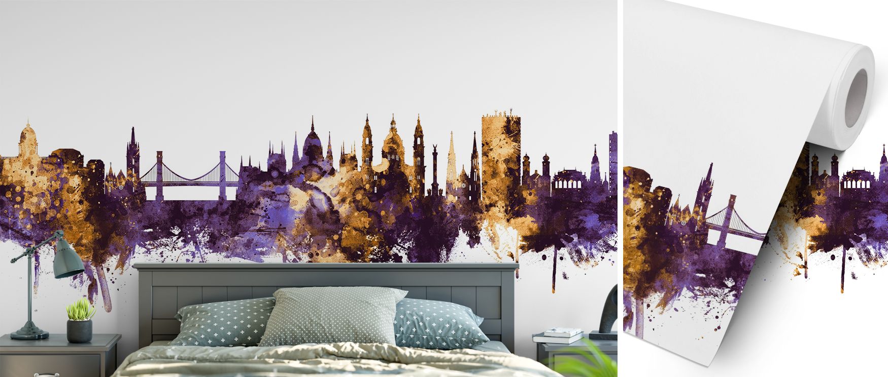A mural wallpaper featuring Budapest city skyline in vibrant purple and gold tones, adding richness and depth to interiors. Perfect for dining areas, lounges, or stylish bedrooms, it creates a striking decorative backdrop that merges architectural beauty 