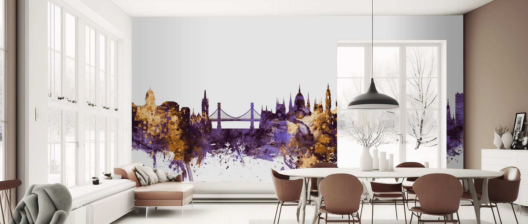 Architectural Budapest skyline mural in luxurious purple and gold tones, creating inspiring backdrops for interiors. Perfect for dining rooms, bedrooms, or lounges, it enhances home spaces with dramatic decorative charm, blending artistry and architecture