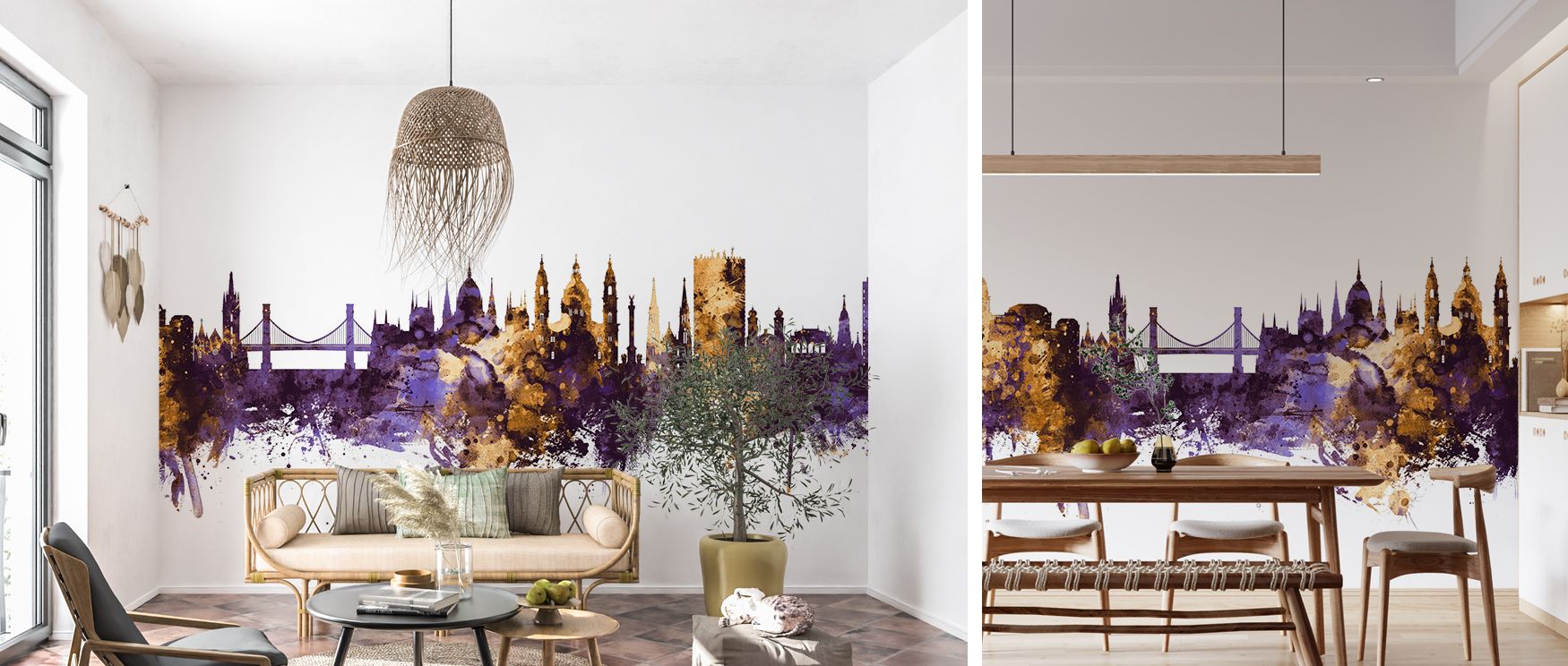 A luxurious mural design capturing Budapest skyline in regal purple with golden highlights, creating bold decorative interiors. Perfect for living rooms, bedrooms, or workspaces, it offers sophistication and inspiration, making walls stand out with dramat