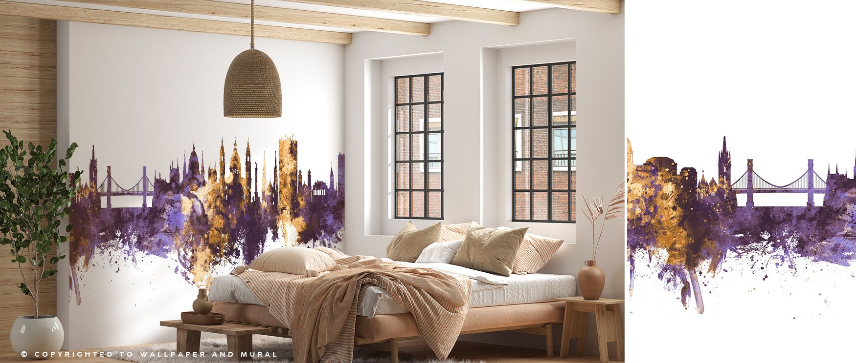 Budapest city skyline mural wallpaper showcasing bold contrasts of purple and gold, offering interiors a regal design element. Perfect for bedrooms, dining rooms, or lounges, it transforms interiors with a balance of architectural strength and artistic cr