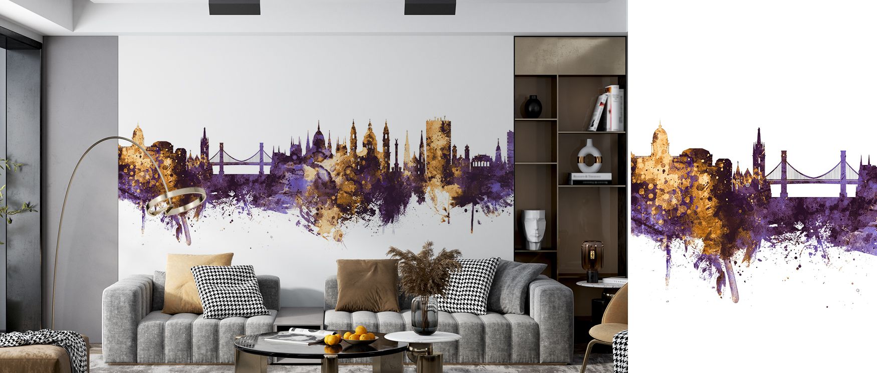 A bold mural wallpaper featuring Budapest skyline in striking tones of gold and purple, enhancing bedrooms, living areas, or creative studios. It brings regal sophistication and decorative inspiration into modern homes, turning ordinary interiors into sty
