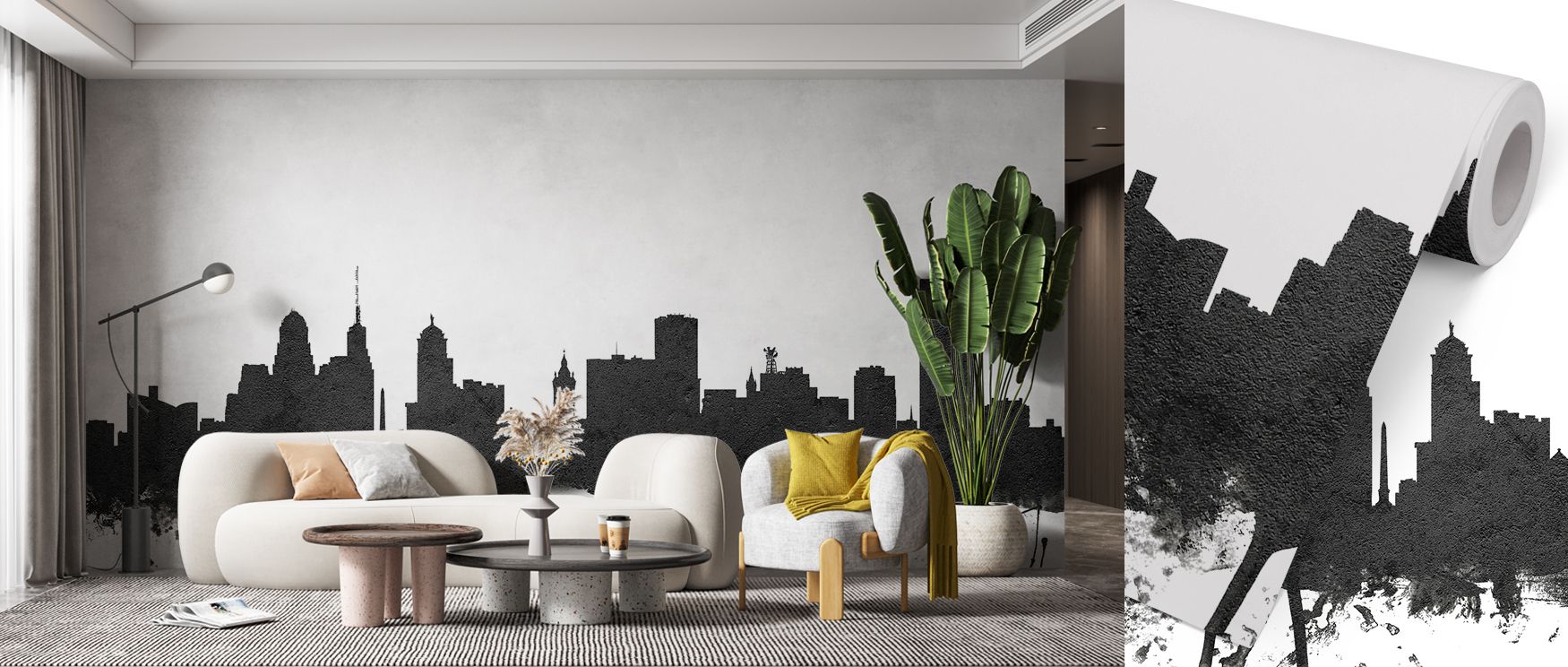 Black and white Buffalo skyline mural design with architectural detail, perfect for living rooms, bedrooms, or offices. It transforms interiors into dramatic urban-inspired spaces, offering a blend of minimalism, artistic expression, and bold metropolitan