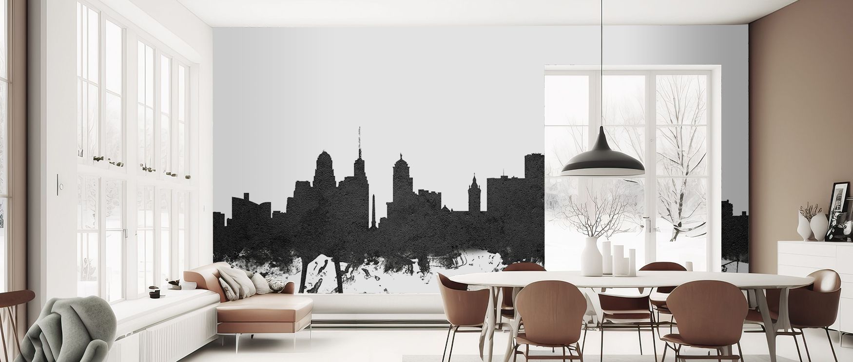 Black and white mural wallpaper featuring Buffalo skyline detail, perfect for stylish bedrooms, creative studies, or dining areas. It creates inspiring interiors with bold architectural depth, offering metropolitan flair and decorative sophistication for 