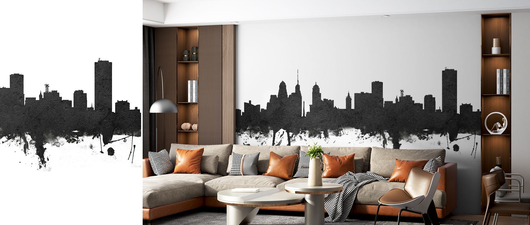 A bold Buffalo skyline mural wallpaper in black and white, creating stylish interiors filled with dramatic architectural charm. Perfect for bedrooms, dining rooms, or living areas, it offers artistic presence, metropolitan detail, and decorative elegance 