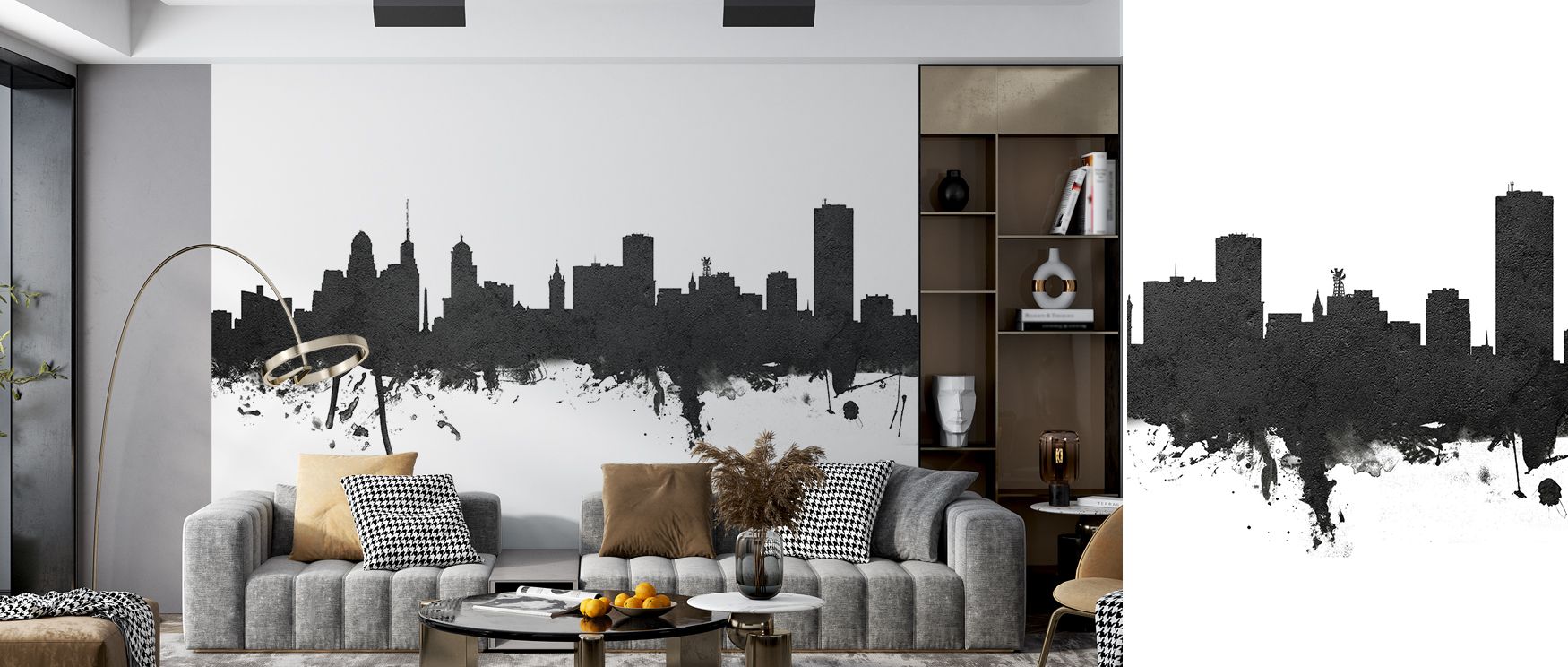 Architectural mural wallpaper featuring Buffalo skyline in monochrome style, suited for bedrooms, lounges, or offices. It offers dramatic decorative presence and urban inspiration, transforming interiors with a sophisticated balance of minimalism, artistr