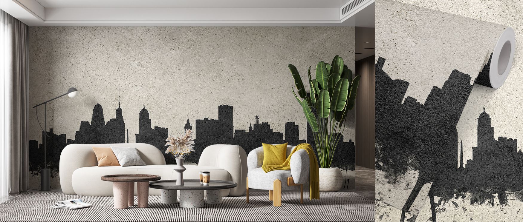 A contemporary mural wallpaper design capturing Buffalo skyline in textured concrete-inspired tones, ideal for stylish bedrooms, creative workspaces, or modern lounges. It transforms interiors into sophisticated urban retreats filled with industrial decor