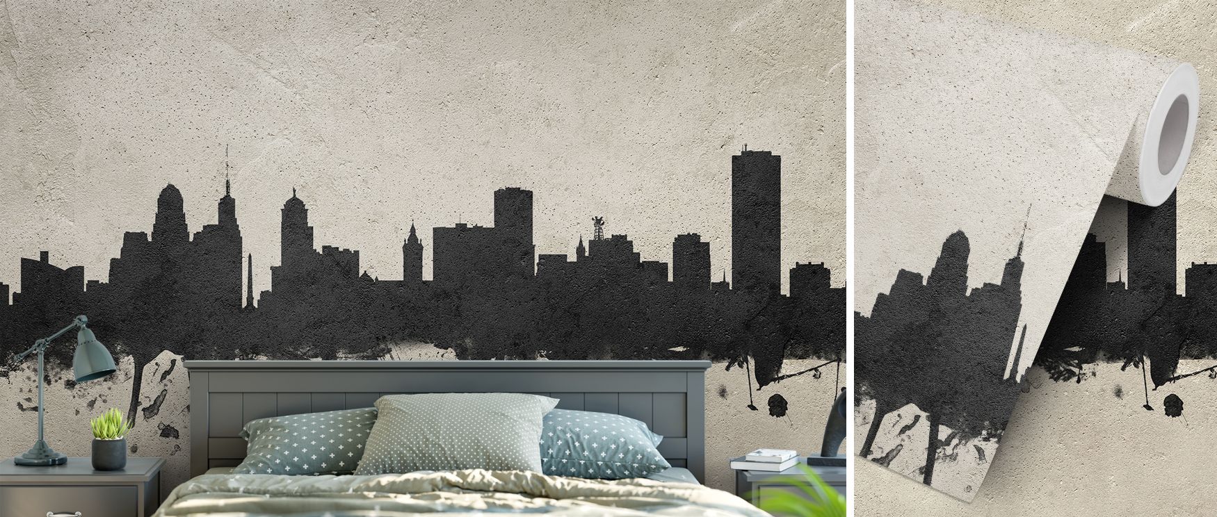 Buffalo skyline mural wallpaper rendered in sleek concrete style, capturing architectural silhouettes with industrial elegance. Perfect for living rooms, dining rooms, or bedrooms, it creates a striking metropolitan feature wall that blends refined urban 