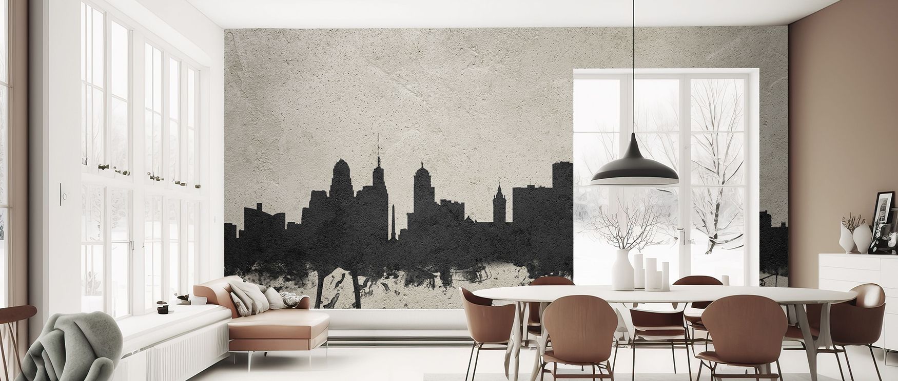 Buffalo skyline mural wallpaper design in sleek concrete tones, suited for modern homes. Perfect for bedrooms, offices, or living rooms, it offers bold metropolitan energy and stylish decorative refinement, transforming spaces into artistic interiors that