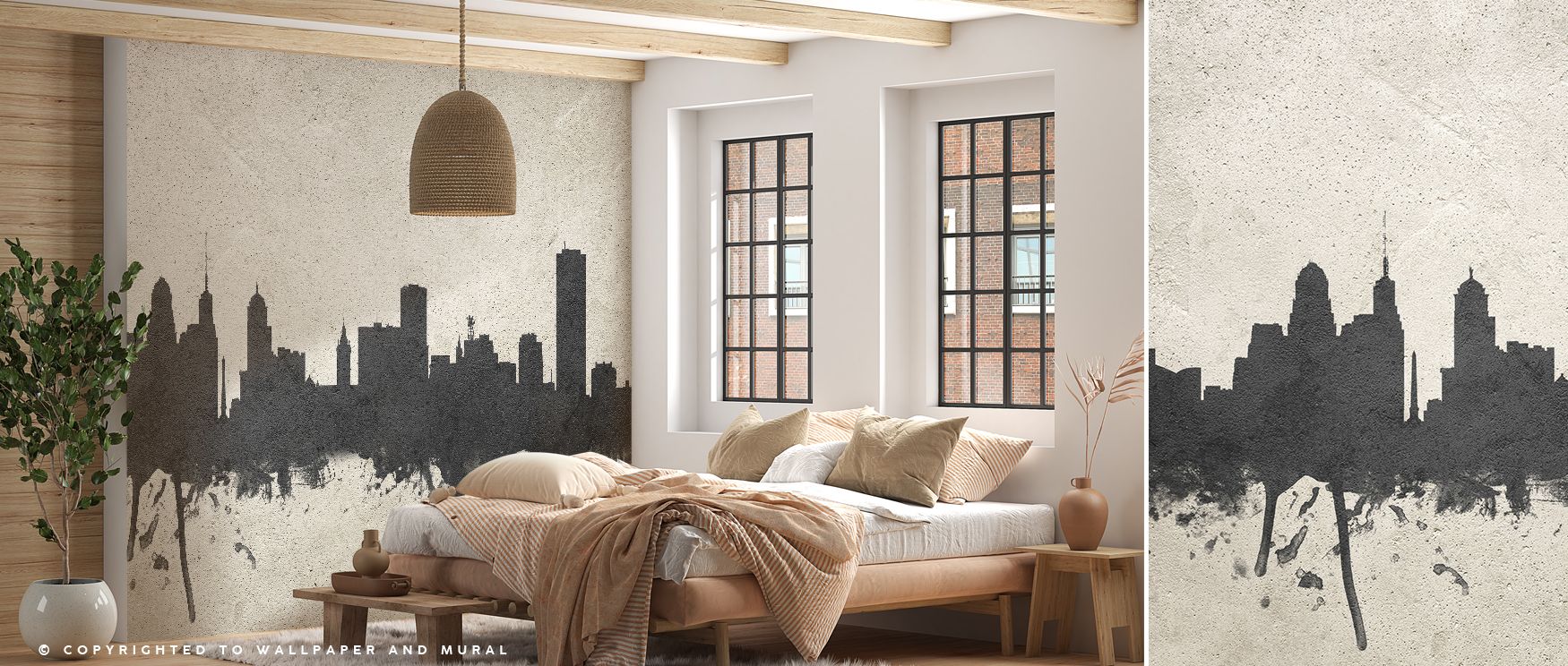 Industrial-style mural wallpaper featuring Buffalo skyline in textured concrete detailing, ideal for bedrooms, lounges, or creative offices. It blends minimal design with bold metropolitan atmosphere, offering dramatic decorative character and sophisticat