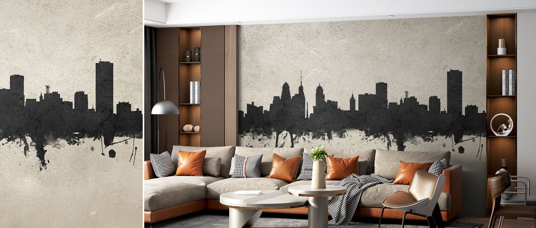 A mural wallpaper showcasing Buffalo skyline rendered in industrial-inspired tones, perfect for bedrooms, living areas, or workspaces. It enriches interiors with metropolitan sophistication, architectural elegance, and decorative artistry, turning plain w