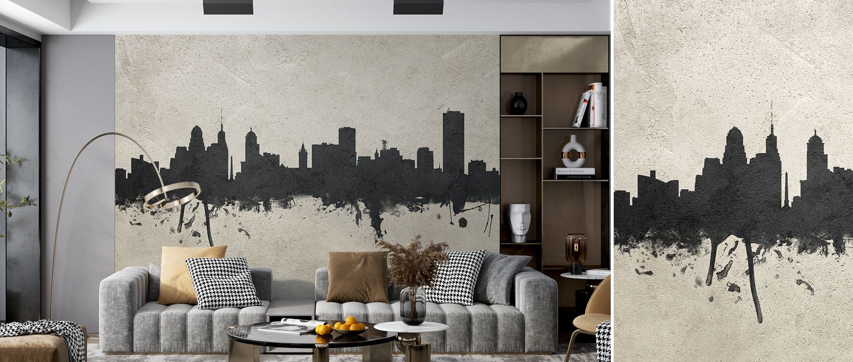 Concrete-inspired Buffalo skyline mural wallpaper with striking architectural design, ideal for bedrooms, studies, or modern lounges. It delivers dramatic decorative presence and industrial charm, creating interiors that celebrate metropolitan beauty, art