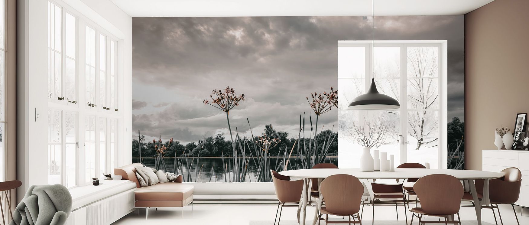 Natural scenic wallpaper mural design with forests, seas, and skies, ideal for bedrooms, lounges, or studies. It brings inspiring tranquility, decorative elegance, and refreshing sophistication, turning interiors into serene retreats connected with timele