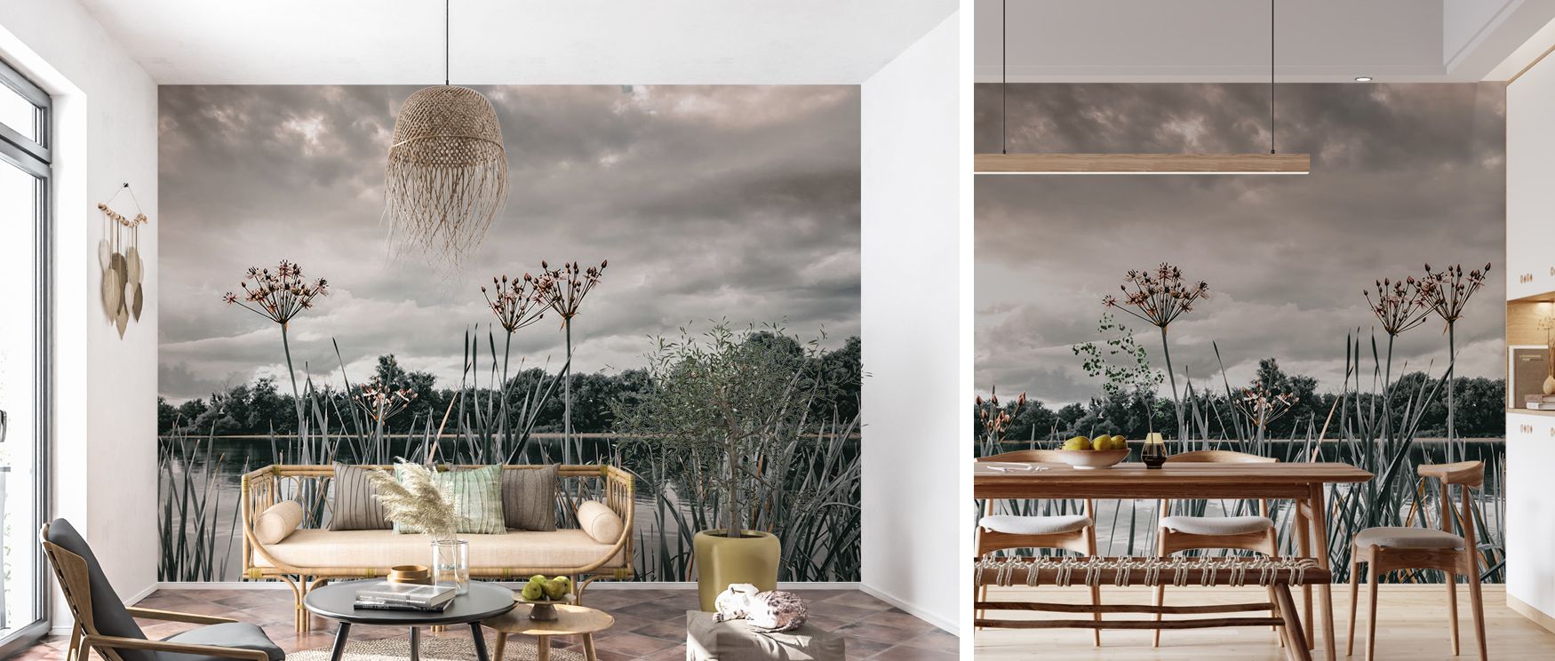 Scenic mural wallpaper featuring natural vistas of forests, seas, and mountains, ideal for dining areas, lounges, or bedrooms. It transforms interiors into calming escapes, offering decorative sophistication, natural charm, and artistic presence that crea