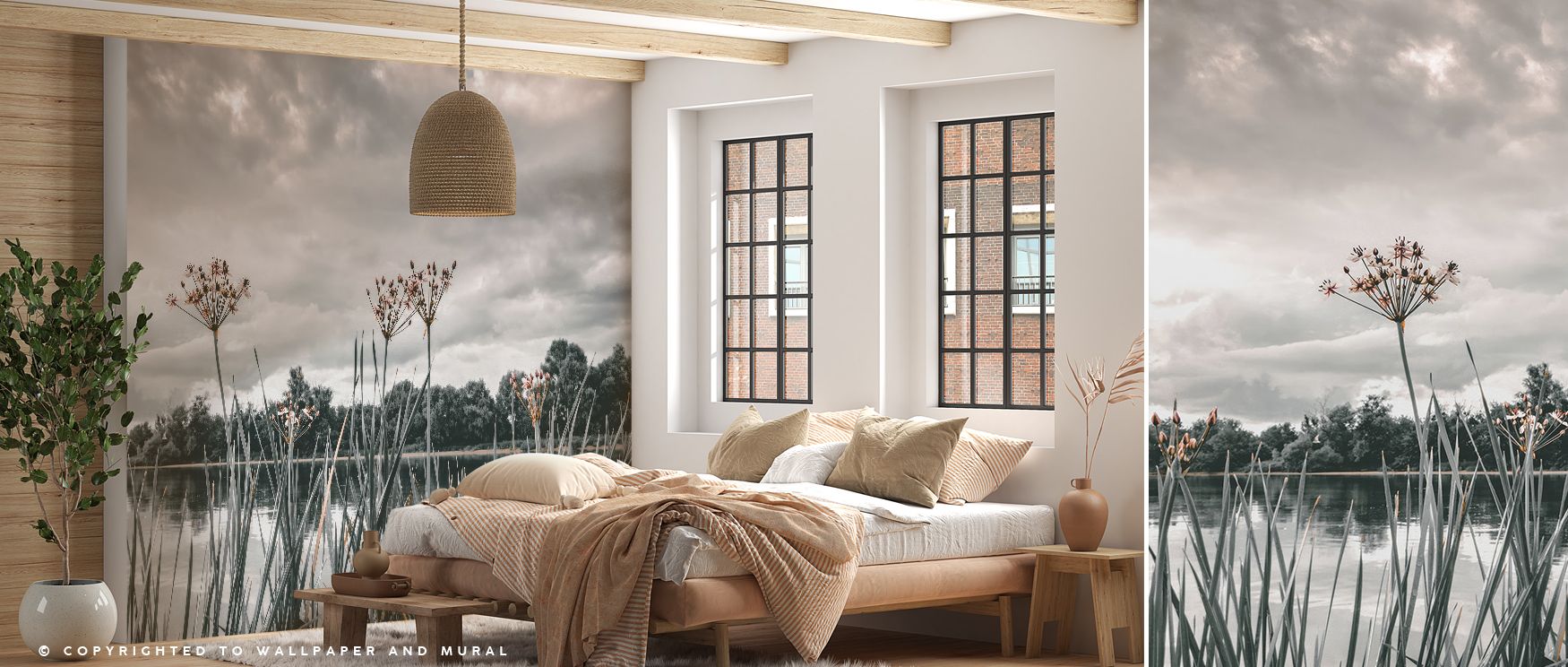 A decorative nature wallpaper mural capturing expansive horizons, lush greenery, and flowing waters, perfect for living rooms, bedrooms, or workspaces. It offers calming energy, sophisticated elegance, and natural inspiration, turning plain walls into ser