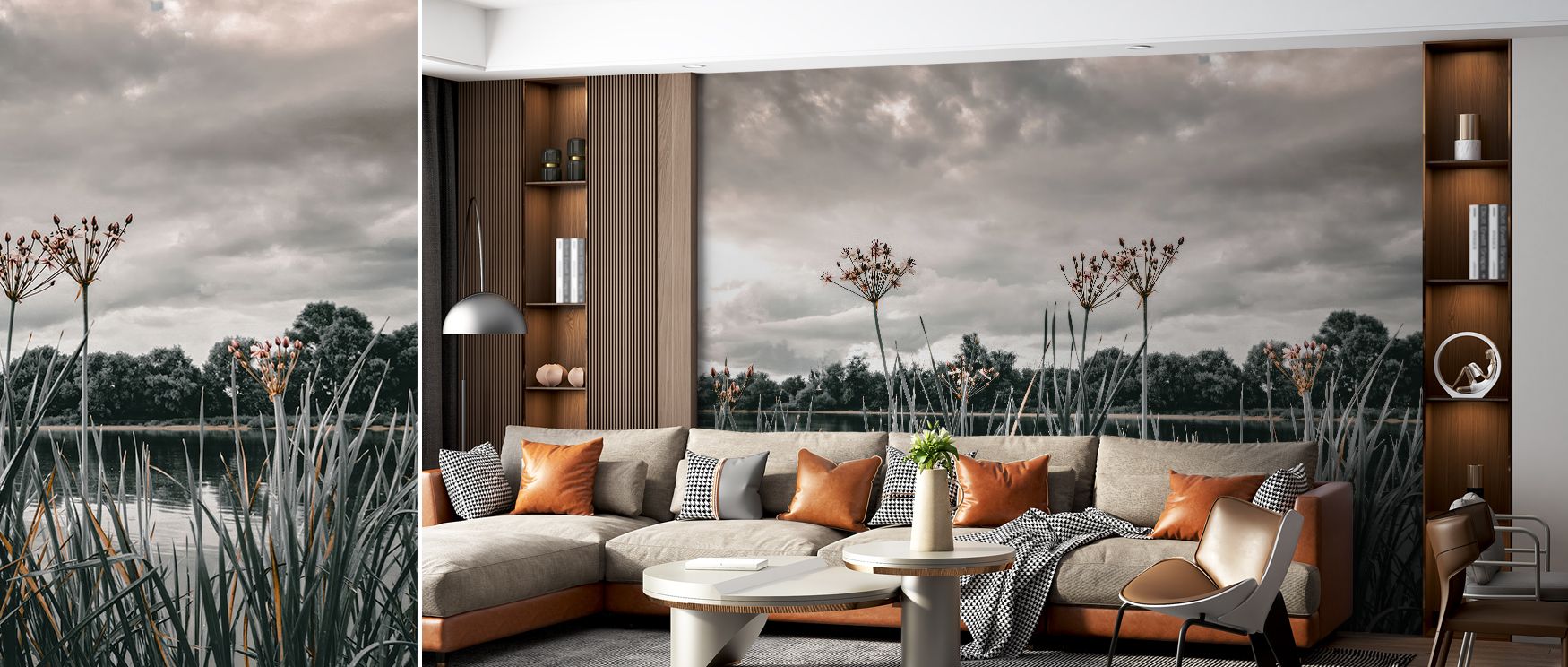 Nature wallpaper mural featuring mountain silhouettes, forest lines, and open skies, ideal for bedrooms, living rooms, or creative studios. It enriches interiors with refreshing decorative presence, blending tranquility, elegance, and artistic inspiration
