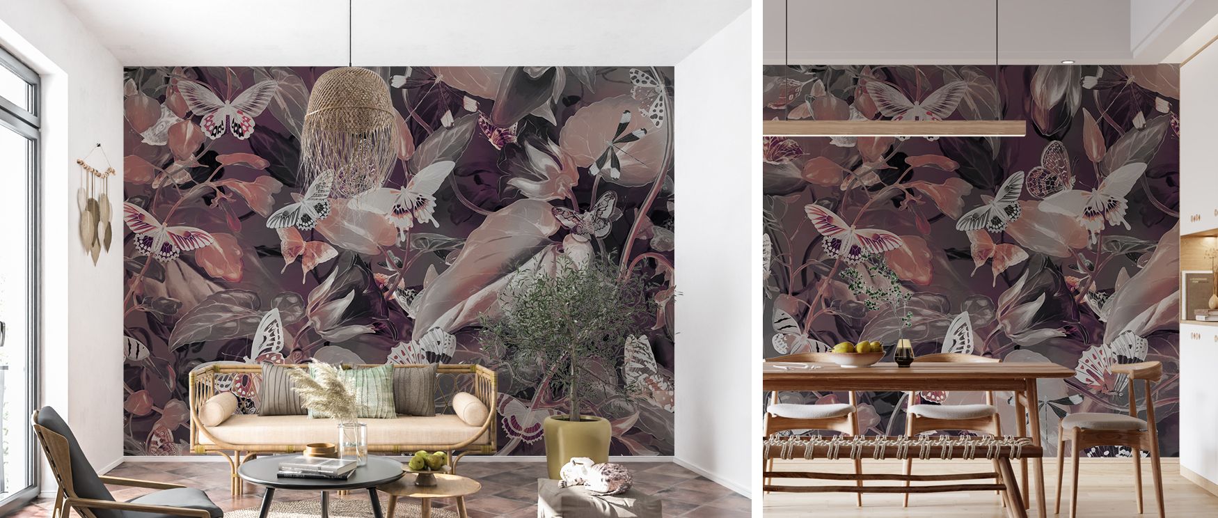 Butterfly paradise mural design in warm garden-inspired tones, showcasing colorful butterflies and lush floral background, ideal for stylish bedrooms, dining areas, or lounges. It creates interiors filled with natural beauty, decorative refinement, and ar