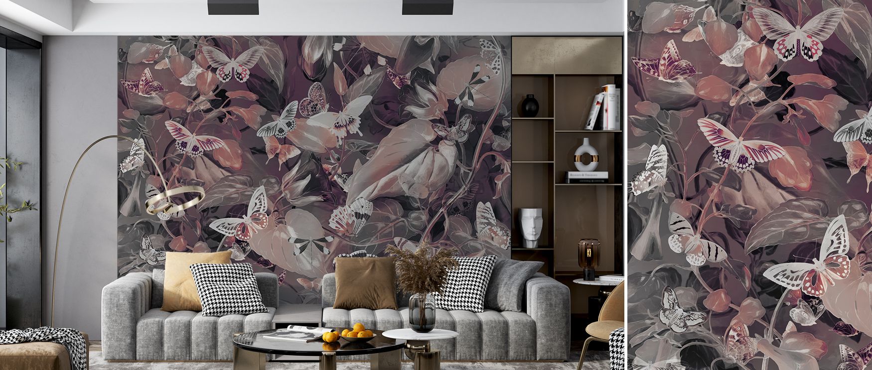 A warm butterfly paradise mural design capturing colorful wings and lush garden tones, perfect for enhancing bedrooms, living areas, or creative studios. It offers refined decorative artistry, filling interiors with tranquility, inspiring beauty, and natu
