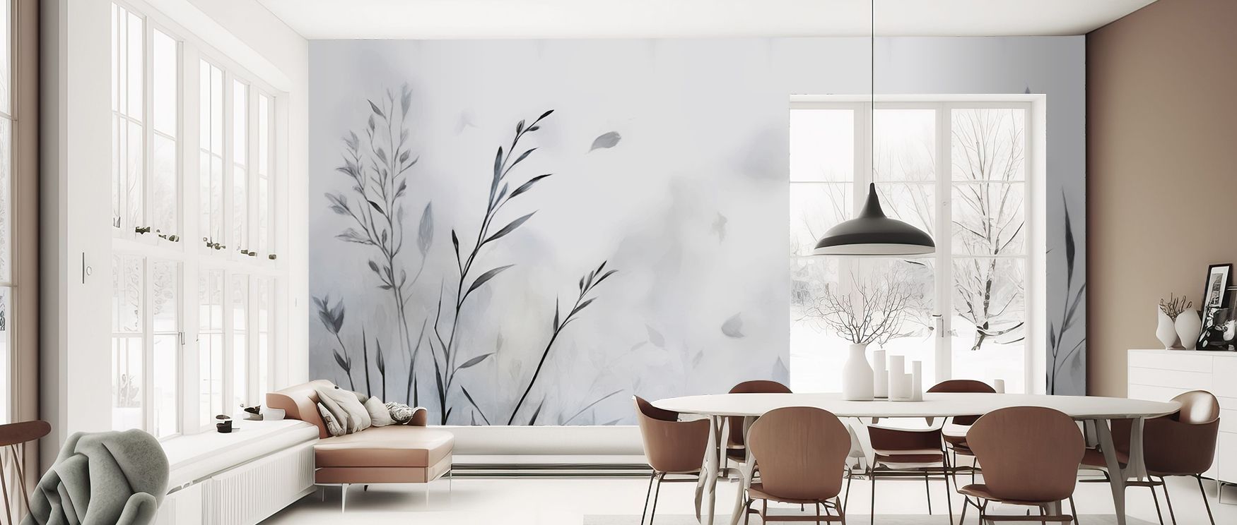 Subtle gray plant mural wallpaper capturing botanical inspiration, ideal for bedrooms, dining areas, or workspaces. It creates calming decorative environments filled with sophistication, natural beauty, and refined artistry that transform plain walls into