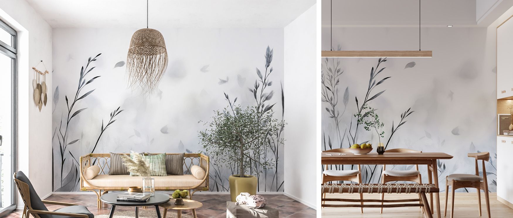 Calm breathing gray plant mural wallpaper with botanical design, ideal for bedrooms, dining rooms, or studies. It transforms interiors with understated elegance, refined decorative charm, and soothing atmospheres, offering modern homes calming inspiration