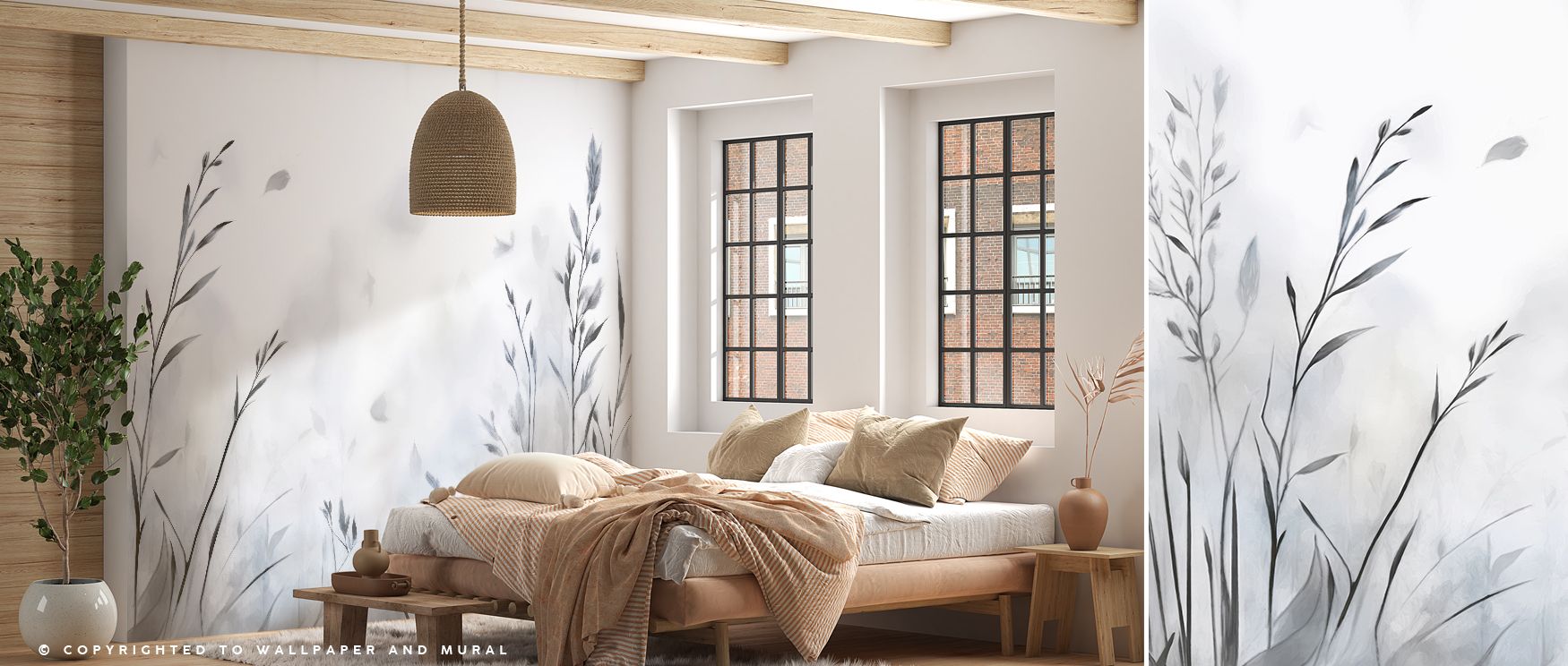 Botanical-inspired mural wallpaper in gray tones, capturing delicate plant patterns for bedrooms, living areas, or creative studios. It adds decorative charm, natural inspiration, and elegant refinement, transforming interiors into peaceful spaces filled 