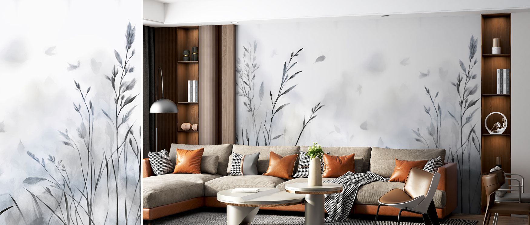 A mural wallpaper design showcasing gray plant motifs, perfect for bedrooms, offices, or living rooms. It creates calming interiors enriched with decorative artistry, refined elegance, and timeless natural inspiration, turning walls into stylish canvases 