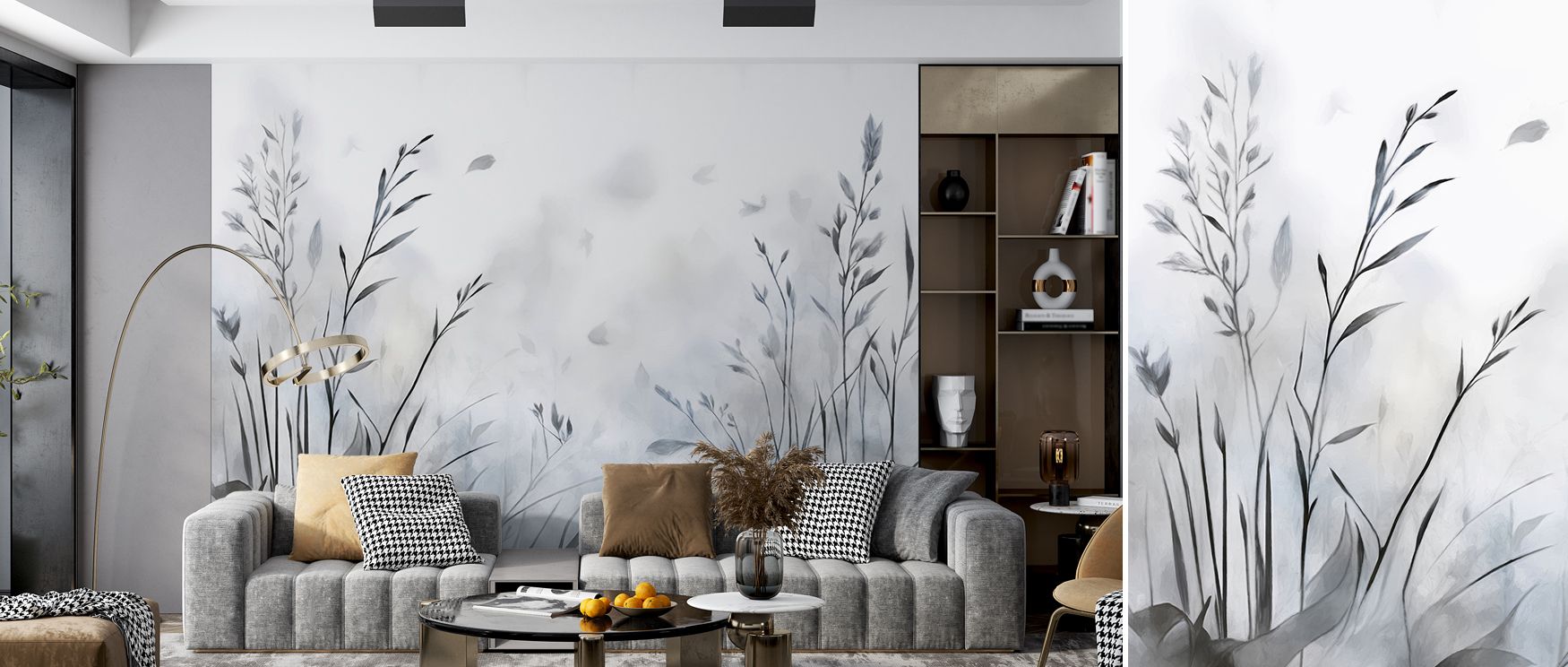 Gray botanical mural wallpaper featuring soft tones and delicate plant designs, suited to bedrooms, dining rooms, or lounges. It enriches interiors with elegant decorative charm, calming inspiration, and refined natural artistry, creating timeless spaces 