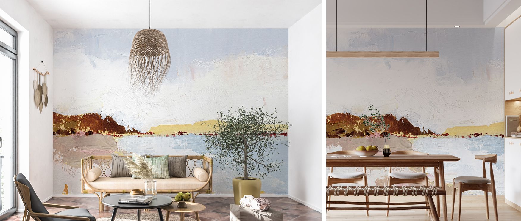 A tranquil mural wallpaper capturing landscapes in delicate tones, suited for bedrooms, living rooms, or dining rooms. It enriches interiors with calming decorative energy, timeless natural artistry, and refined beauty, offering homes peaceful atmospheres