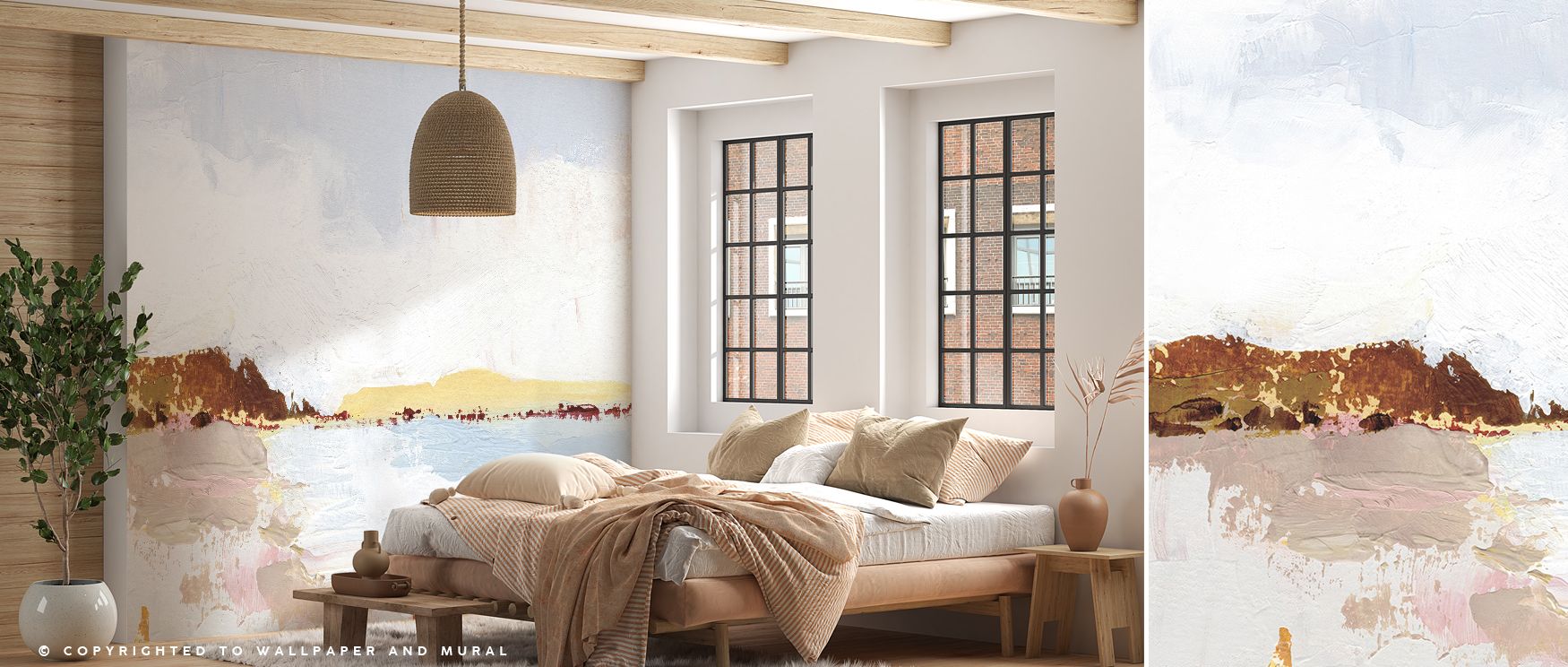 Landscape-inspired mural wallpaper design reflecting calm days in nature, ideal for bedrooms, offices, or lounges. It creates refined interiors filled with serenity, decorative artistry, and natural inspiration, turning walls into elegant canvases that ba