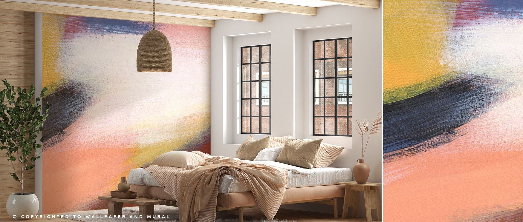 Ocean-inspired abstract mural wallpaper in warm caramel tones, capturing wave-like forms. Perfect for bedrooms, living rooms, or dining areas, it creates calming decorative interiors filled with refined sophistication, artistic presence, and balanced ener