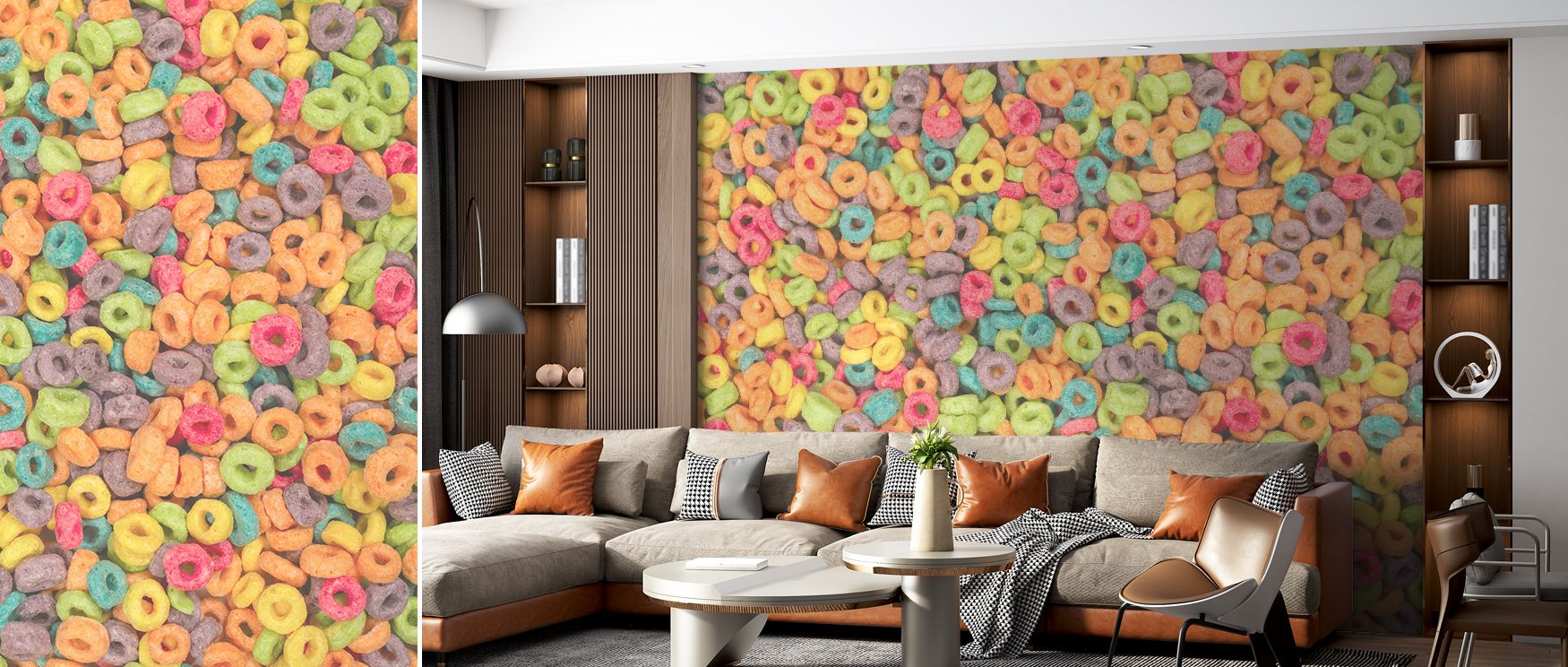 Cereal dream mural wallpaper featuring flowing artistic forms and vibrant colors, perfect for bedrooms, living rooms, or workspaces. It enriches interiors with decorative personality, refined artistry, and playful creative energy, turning walls into imagi
