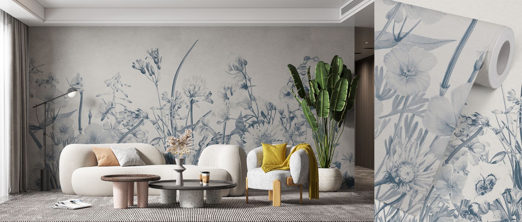 Floral mural wallpaper design capturing blooming flowers in elegant tones, suited to bedrooms, dining areas, or living rooms. It enhances interiors with decorative refinement, natural inspiration, and timeless artistry, offering modern homes elegant charm