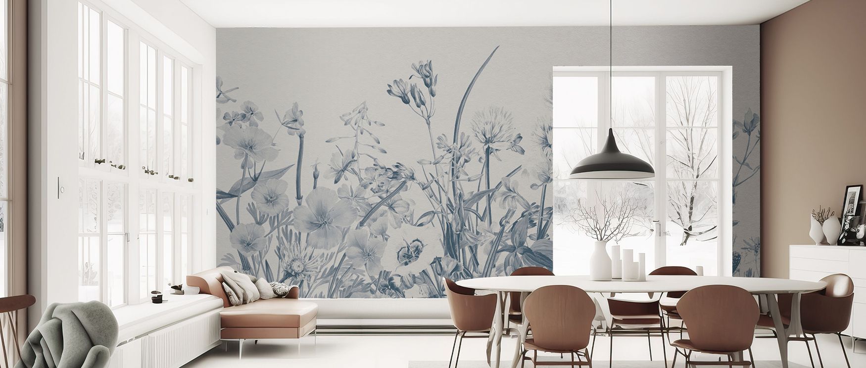 A decorative floral mural wallpaper capturing Chambre Separée blossoms in soft tones, perfect for bedrooms, dining rooms, or living spaces. It transforms interiors with natural charm, artistic refinement, and timeless decorative beauty, enhancing home spa