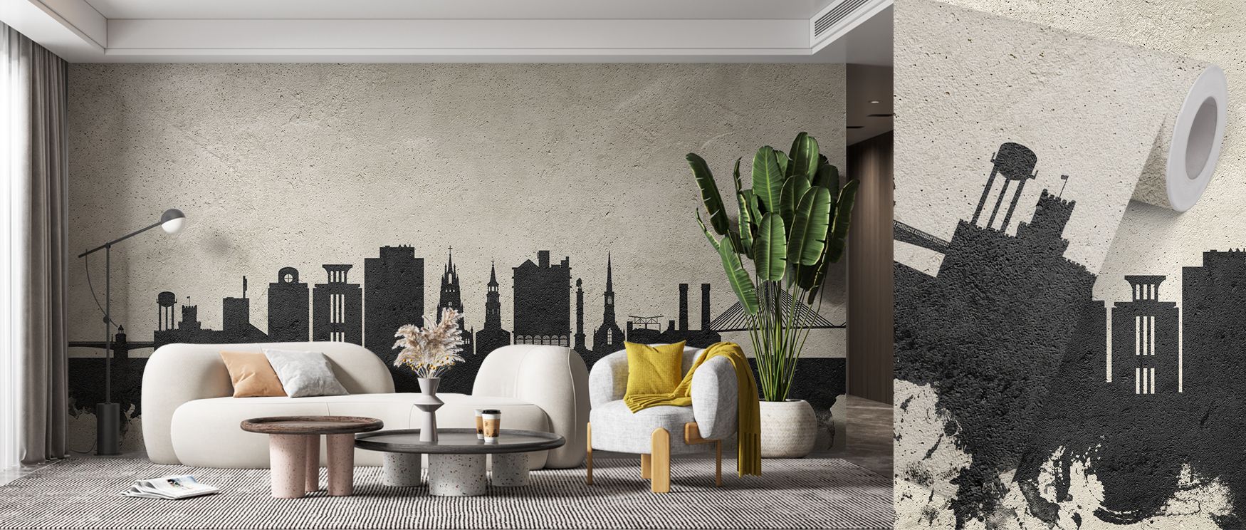 Charleston skyline mural wallpaper rendered in textured concrete detail, suited for bedrooms, lounges, or creative studios. It transforms interiors with industrial chic artistry, decorative sophistication, and architectural elegance, offering homes bold a