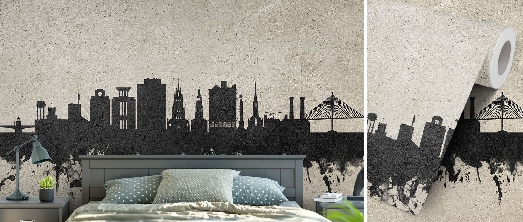 A mural wallpaper capturing Charleston skyline in concrete tones, perfect for bedrooms, dining rooms, or living spaces. It enriches interiors with stylish artistry, architectural balance, and metropolitan sophistication, creating refined spaces filled wit