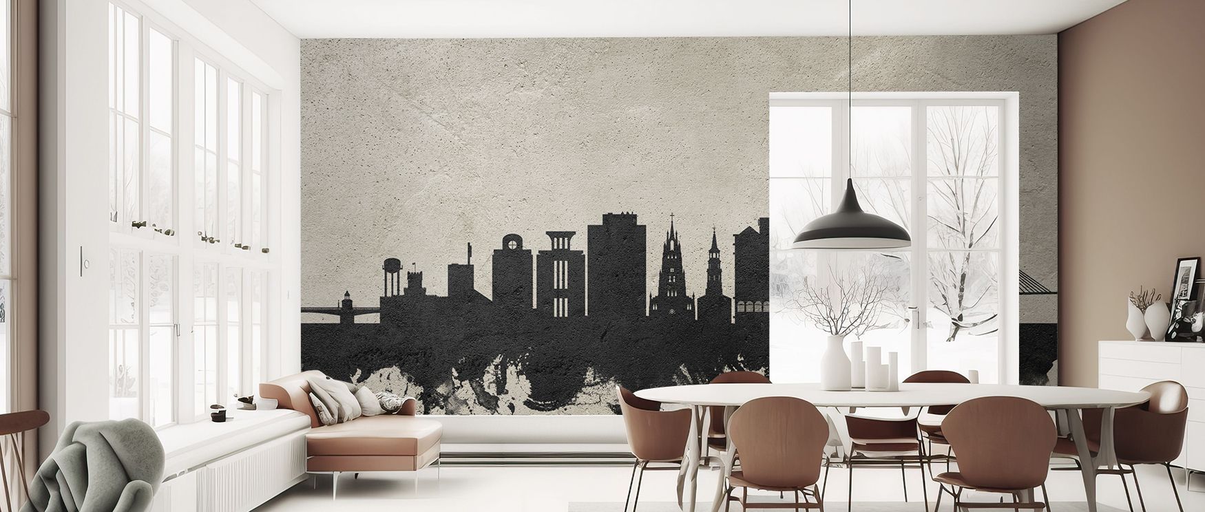 Charleston skyline mural wallpaper rendered in concrete-inspired design, perfect for bedrooms, creative spaces, or dining rooms. It enriches interiors with decorative refinement, stylish artistry, and industrial elegance, creating sophisticated atmosphere