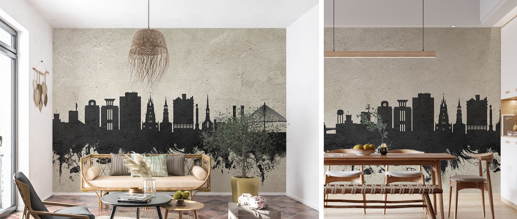 A mural wallpaper design featuring Charleston skyline in concrete tones, ideal for bedrooms, studies, or lounges. It creates refined interiors enriched with industrial inspiration, decorative artistry, and metropolitan balance, offering bold urban atmosph