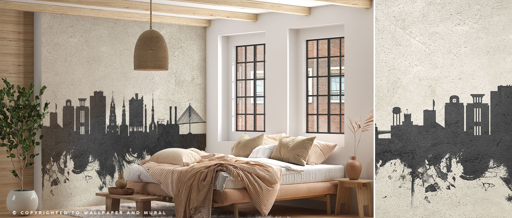 Concrete Charleston skyline mural wallpaper capturing architectural silhouettes, perfect for bedrooms, dining areas, or lounges. It enriches interiors with industrial sophistication, refined artistry, and metropolitan charm, creating modern spaces filled 