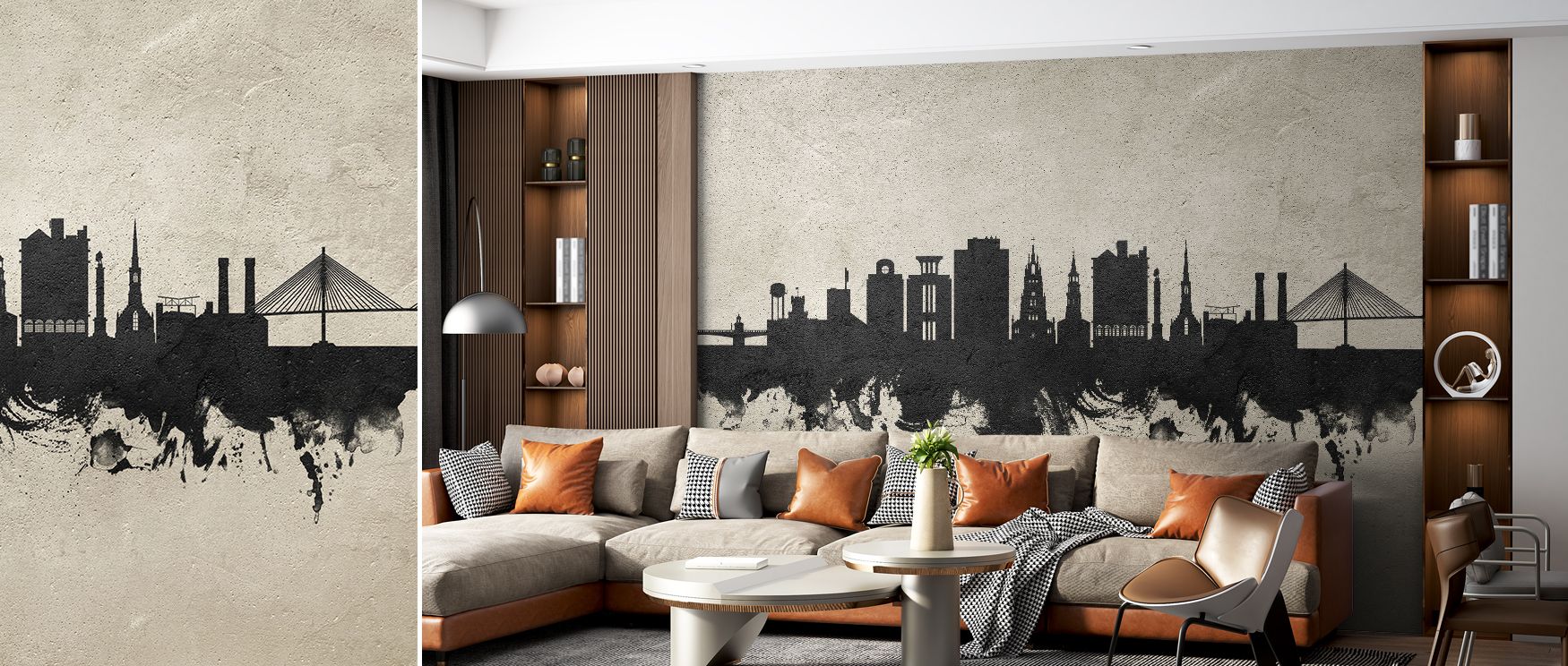 Charleston skyline mural wallpaper designed in industrial concrete-inspired tones, suited for bedrooms, living rooms, or offices. It creates interiors enriched with bold decorative refinement, architectural elegance, and stylish metropolitan inspiration, 