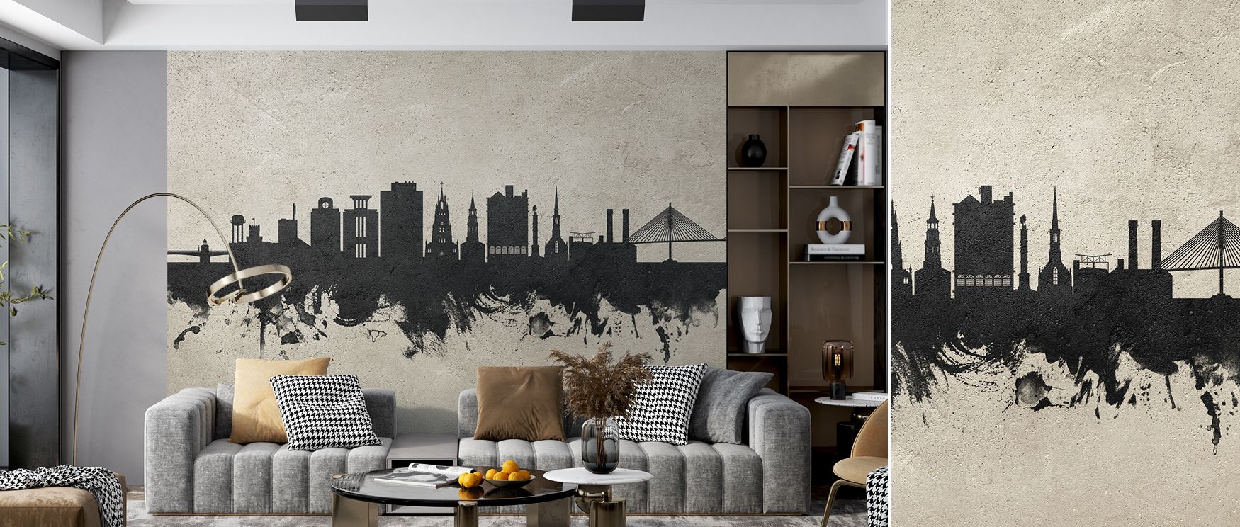 A mural wallpaper capturing Charleston skyline in textured tones, ideal for bedrooms, dining rooms, or lounges. It enhances interiors with decorative refinement, industrial balance, and urban charm, turning walls into canvases filled with metropolitan art