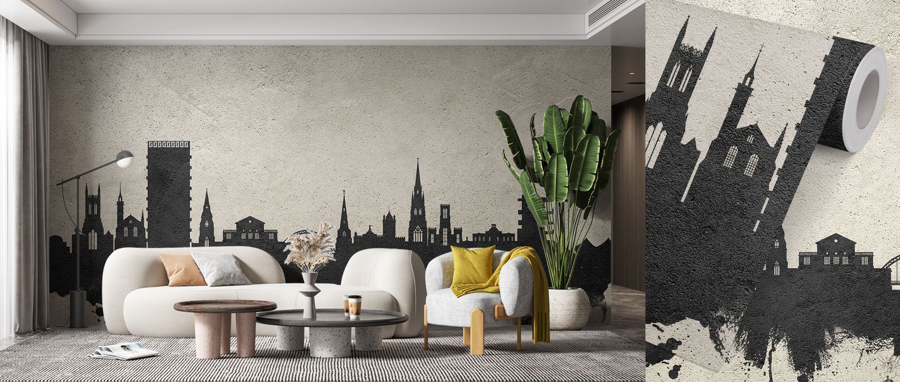 Cheltenham city skyline mural wallpaper designed in muted concrete tones, suited for bedrooms, creative studios, or lounges. It enhances interiors with architectural refinement, industrial balance, and decorative artistry, creating stylish atmospheres enr
