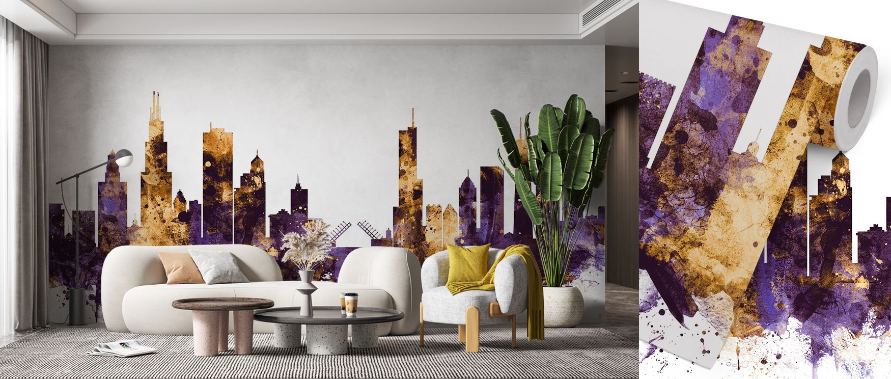 Chicago skyline mural wallpaper rendered in regal purple and gold tones, suited for bedrooms, dining areas, or studies. It creates interiors enriched with decorative charm, architectural refinement, and metropolitan presence, offering homes striking atmos