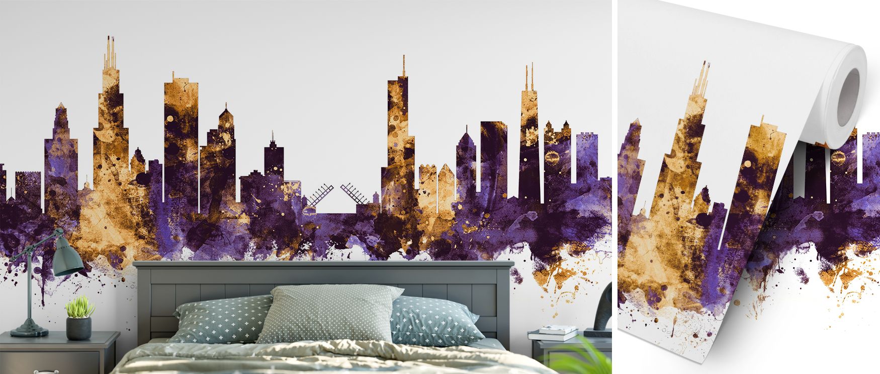 A mural wallpaper showcasing Chicago’s skyline in rich purple and radiant gold, ideal for bedrooms, lounges, or creative studios. It enhances interiors with decorative refinement, metropolitan charm, and timeless artistry, creating spaces filled with luxu