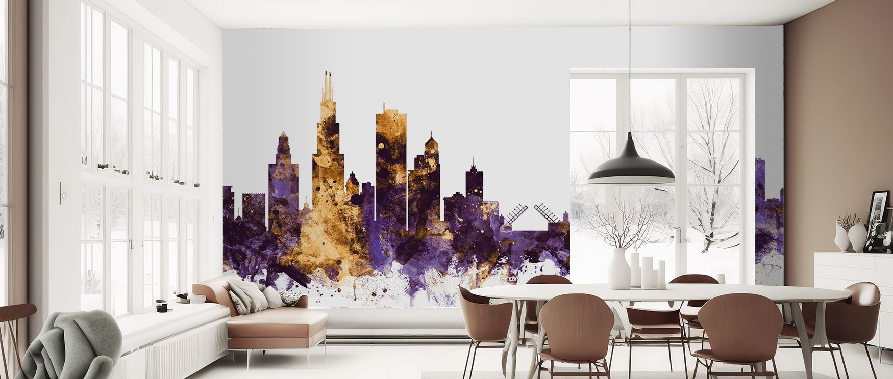 A mural wallpaper design showcasing Chicago’s skyline in regal tones, perfect for bedrooms, creative spaces, or dining rooms. It enriches interiors with decorative artistry, metropolitan charm, and bold architectural refinement, creating refined atmospher