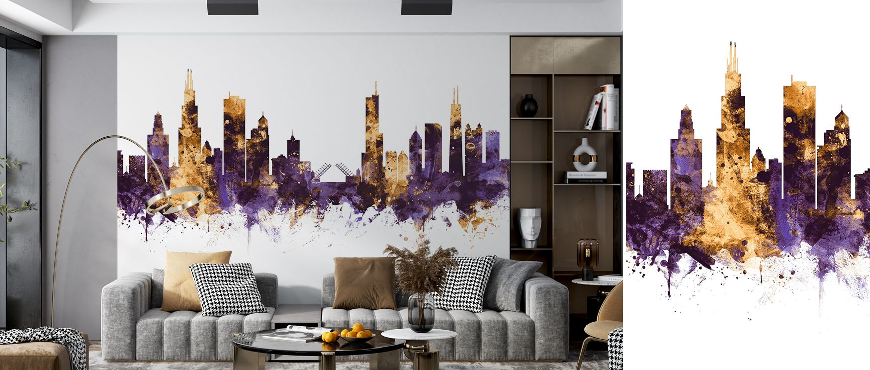 Chicago skyline mural wallpaper in glowing purple and gold hues, suited for bedrooms, living rooms, or studies. It creates stylish metropolitan-inspired spaces enriched with decorative refinement, artistic balance, and bold presence, turning plain walls i