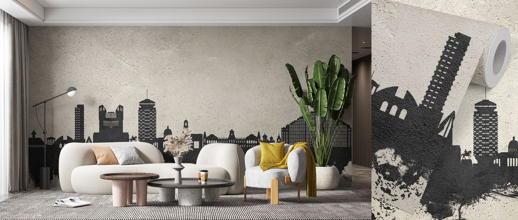 Chisinau skyline mural wallpaper designed in muted gray concrete hues, suited for bedrooms, lounges, or offices. It creates refined interiors enriched with decorative presence, architectural charm, and industrial chic artistry, offering striking atmospher