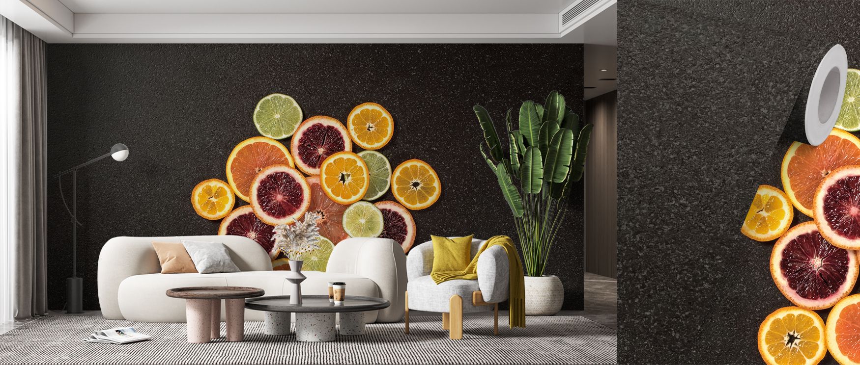 Citrus drama abstract mural wallpaper filled with bold vibrant tones, perfect for bedrooms, studies, or living spaces. It creates interiors enriched with decorative inspiration, artistic presence, and expressive energy, offering homes playful atmospheres 