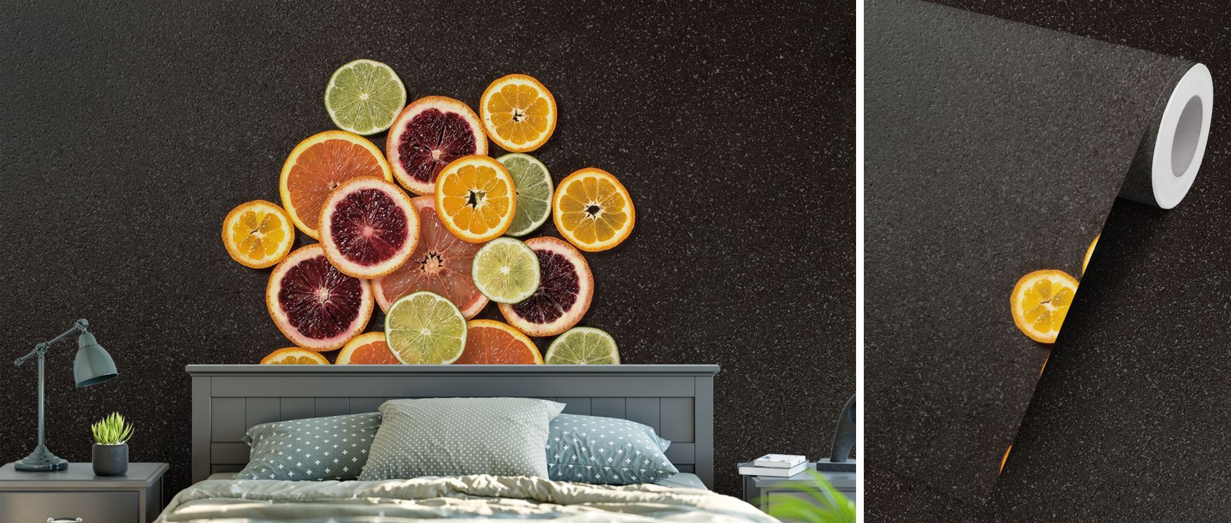 A mural wallpaper design inspired by citrus hues, capturing bold colors in flowing abstract forms, ideal for bedrooms, dining areas, or lounges. It transforms interiors with expressive artistry, decorative balance, and creative refinement, turning plain w